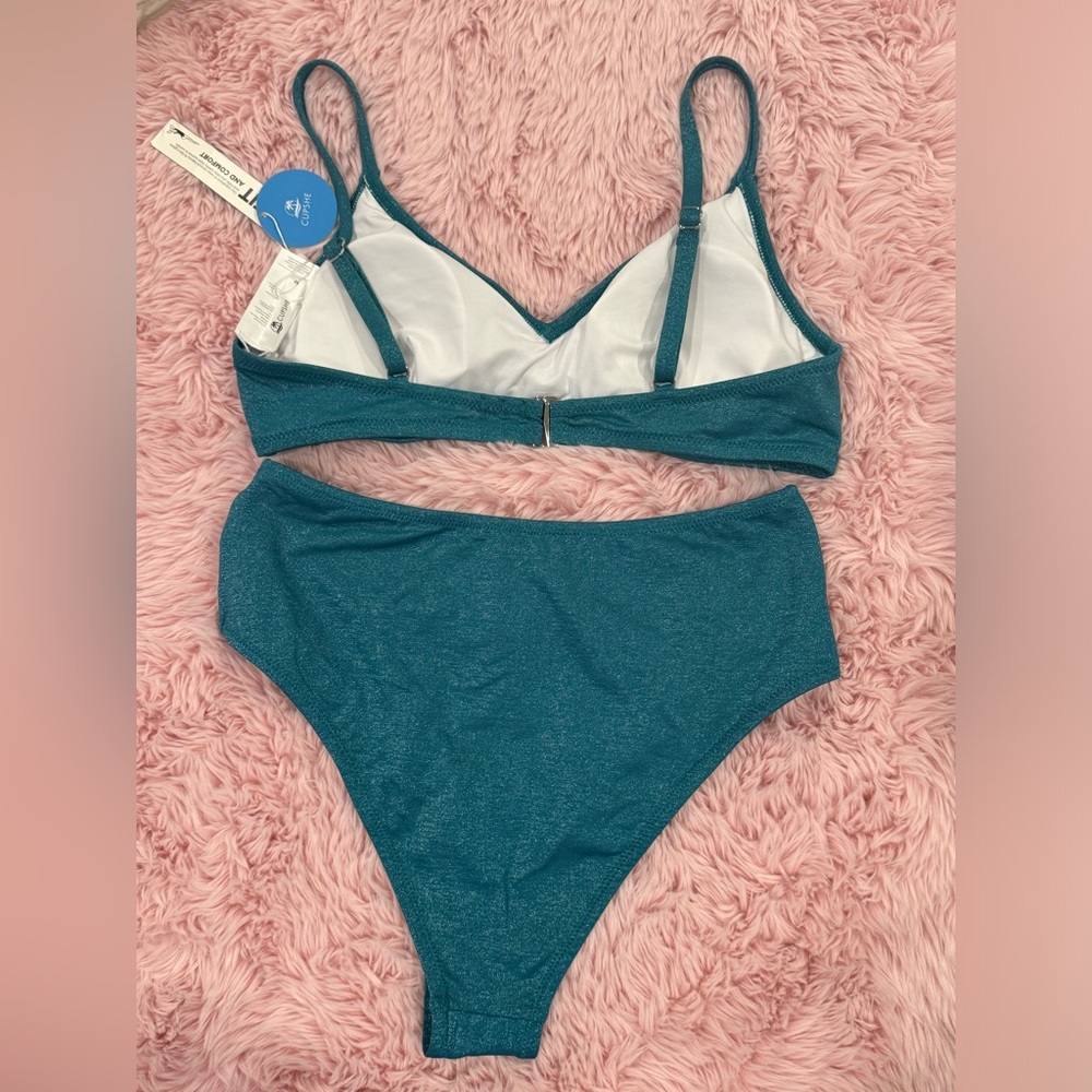 CUPSHE SWIMSUIT BIKINI SET SIZE SMALL MEDIUM TEAL SPARKLY HIGH WAISTED PADDED - Picture 6 of 8